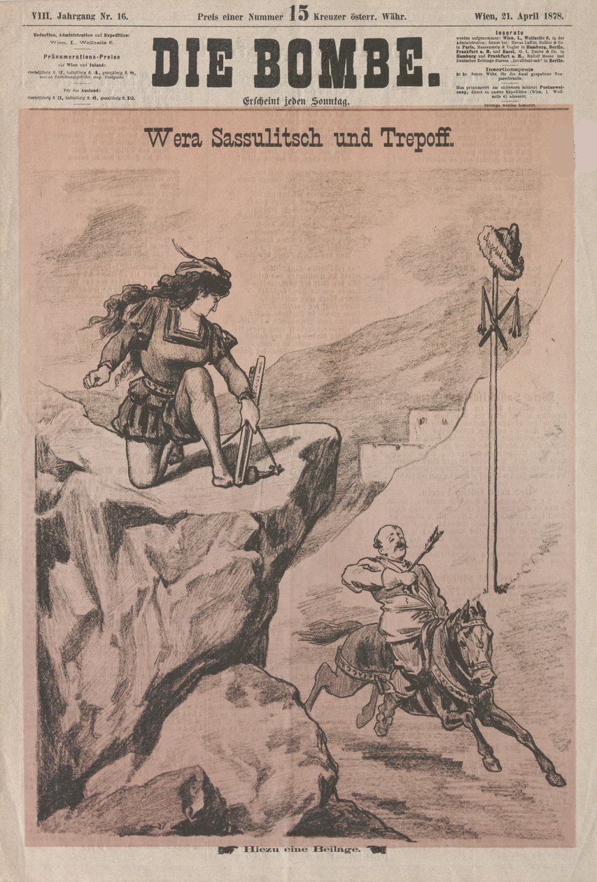 Vera Zasulich og Trepov cover av Die Bombe, 1878. av Unbekannt