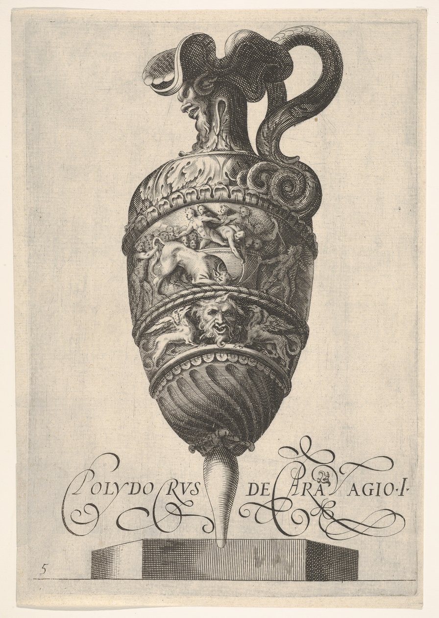 Fartøy med groteske masker, griffiner og en frise befolket av en okse og menn i..., ca 1550-1600. av Unbekannt
