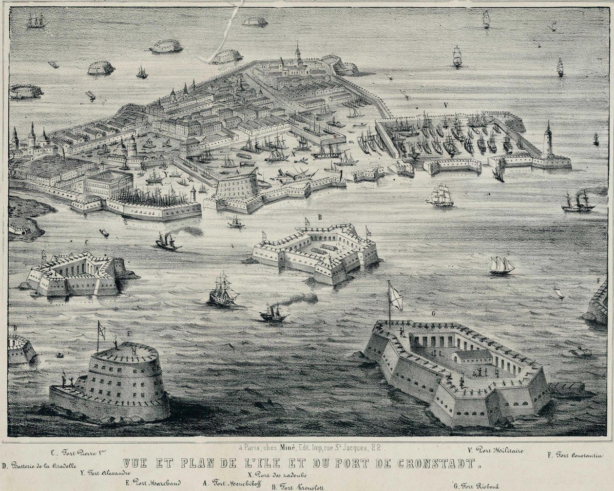 Utsikt og plan over øya og havnen i Kronstadt, ca. 1850 av Unbekannt