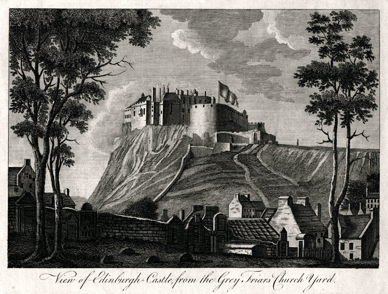 Utsikt over Edinburgh Castle, fra Grey Friars Church Yard, 1700-tallet av Unbekannt