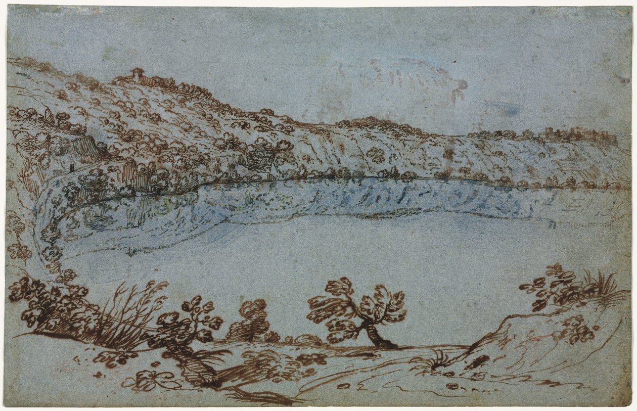 Utsikt over Lake Nemi recto Liten gruppe romerske ruiner verso, ca. 1650. av Unbekannt