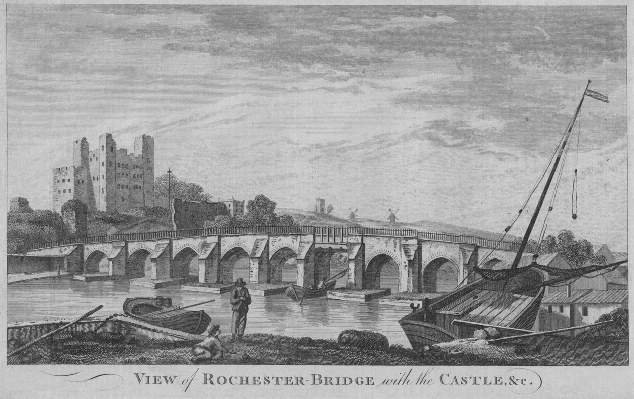 Utsikt over Rochester Bridge med slottet, etc, 1779. av Unbekannt