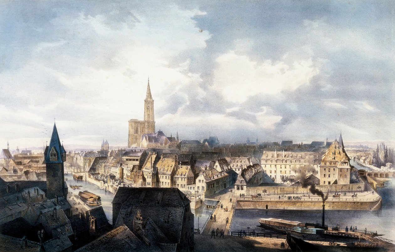 Utsikt over Strasbourg (Frankrike) fra Saint Guillaume-tårnet. Litografi i farger. av Unbekannt