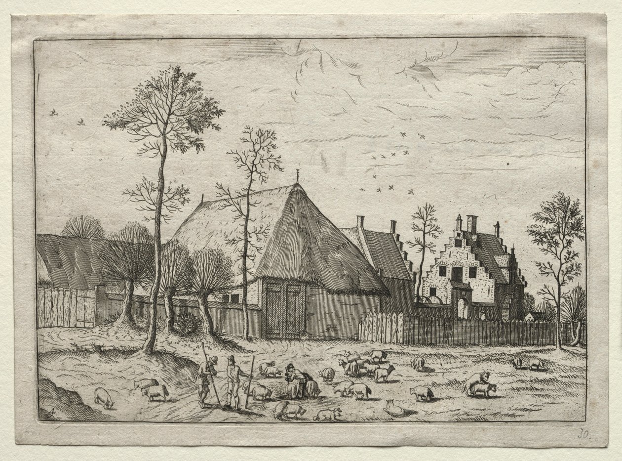 Utsikt over landsbyer i Brabant og Campine: Hyrder med flokk, ca. 1559. av Unbekannt