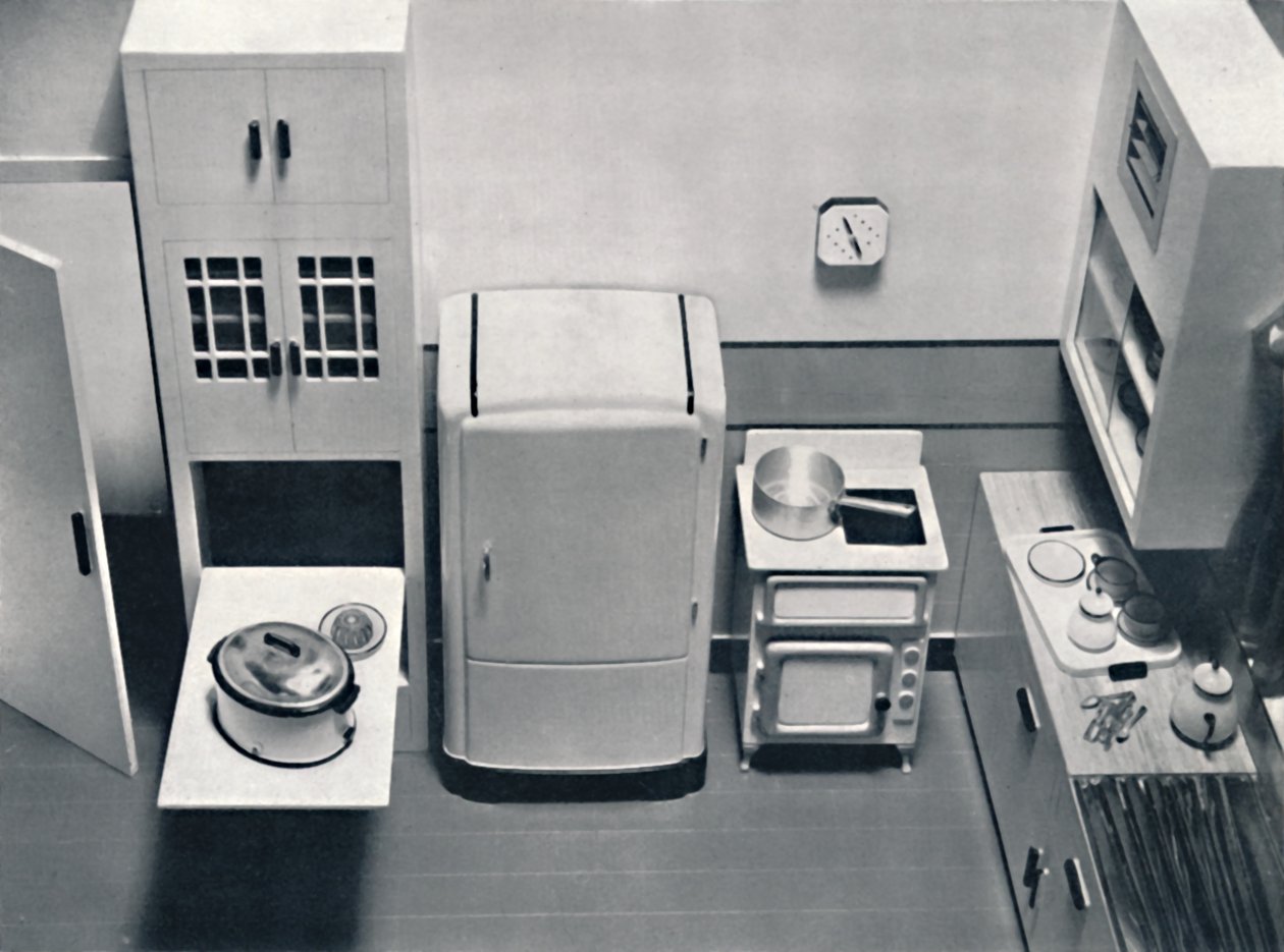 Utsikt over et kjøkken, designet av H.M.V. Husholdningsapparater, 1938 av Unbekannt