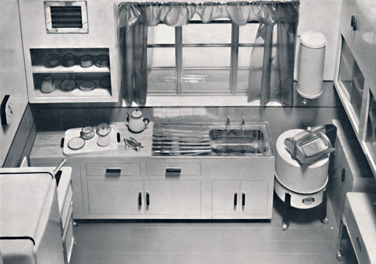 Utsikt over et kjøkken, designet av H.M.V. Husholdningsapparater, 1938 av Unbekannt