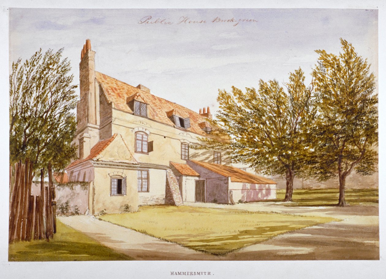 Utsikt over et offentlig hus, Brook Green, Hammersmith, London, c1820 av Unbekannt