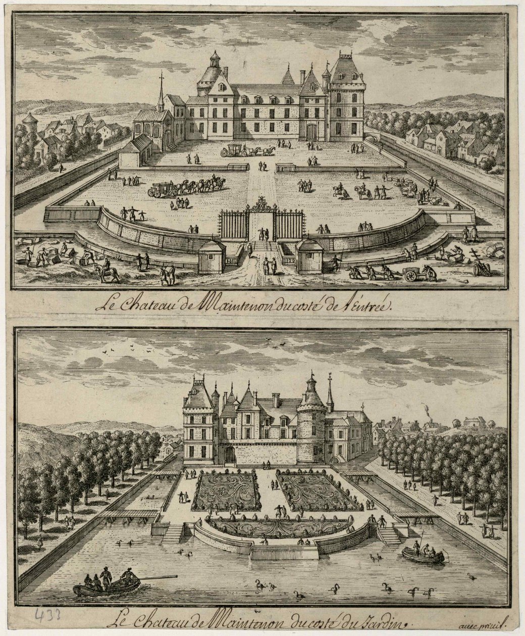 Utsikt over Château de Maintenon fra inngangen og fra hagen, 1600-tallet. av Unbekannt