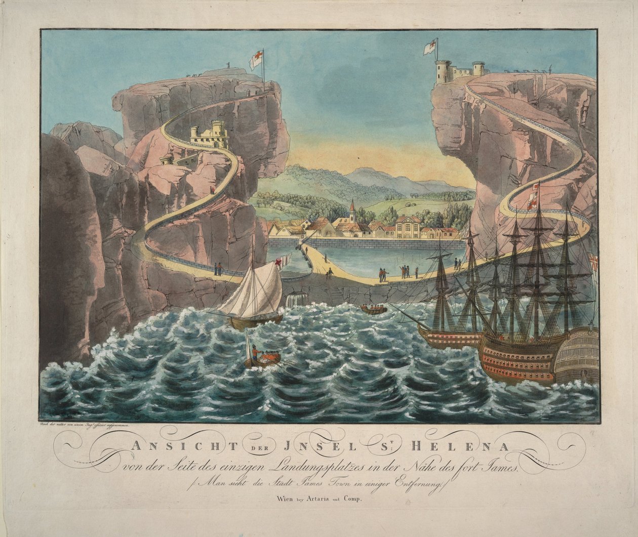 Utsikt over øya St. Helena fra siden av landingsstedet nær Fort James, 1815 av Unbekannt