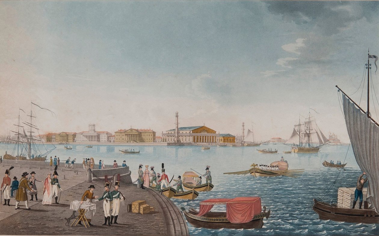 Utsikt over elven Neva og børsen i St. Petersburg, tidlig på 1800-tallet av Unbekannt