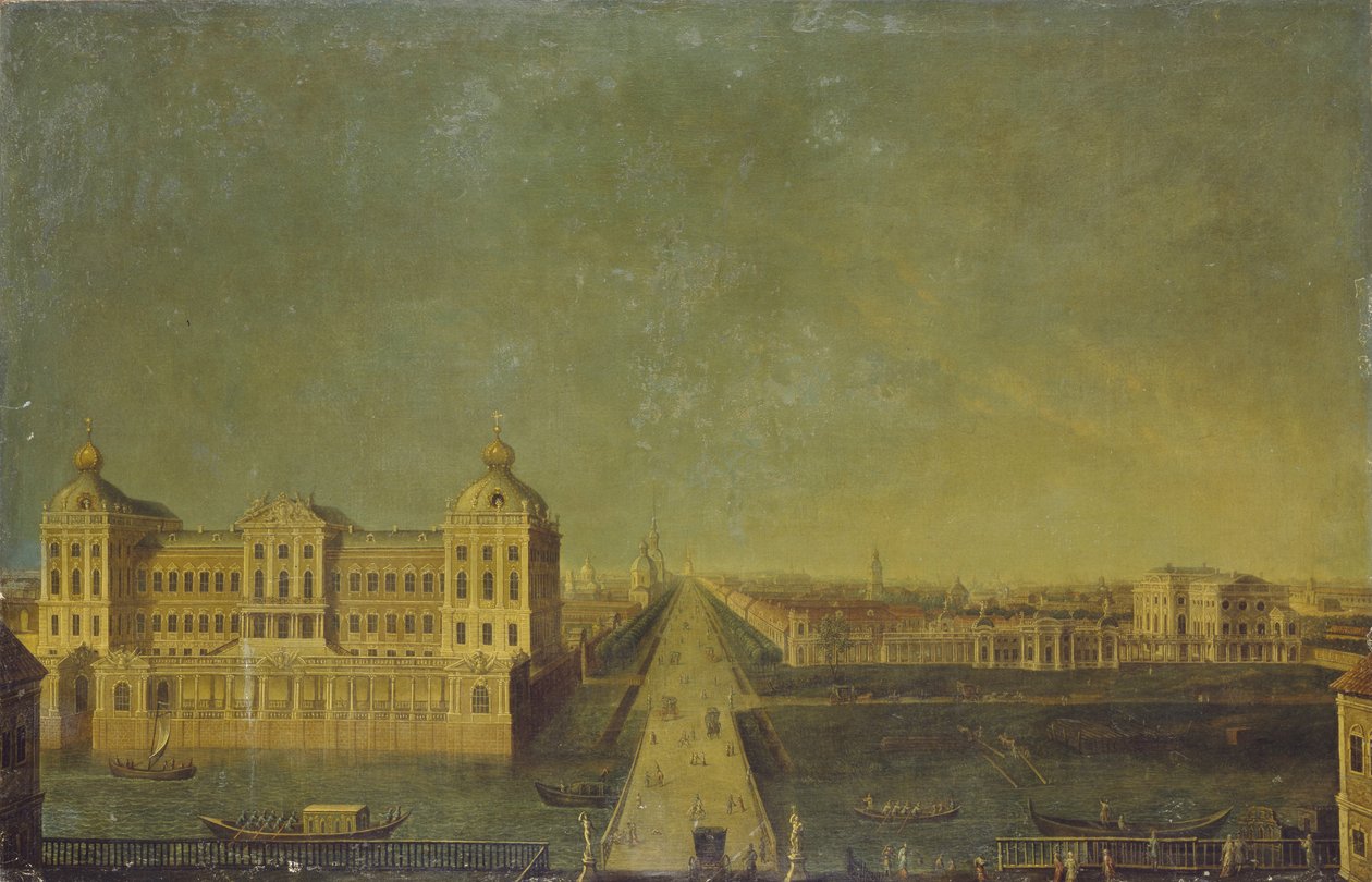 Utsikt over Nevsky Prospekt fra Anichkov-palasset med Shuvalovs-huset, andre halvdel av 1700-tallet. av Unbekannt