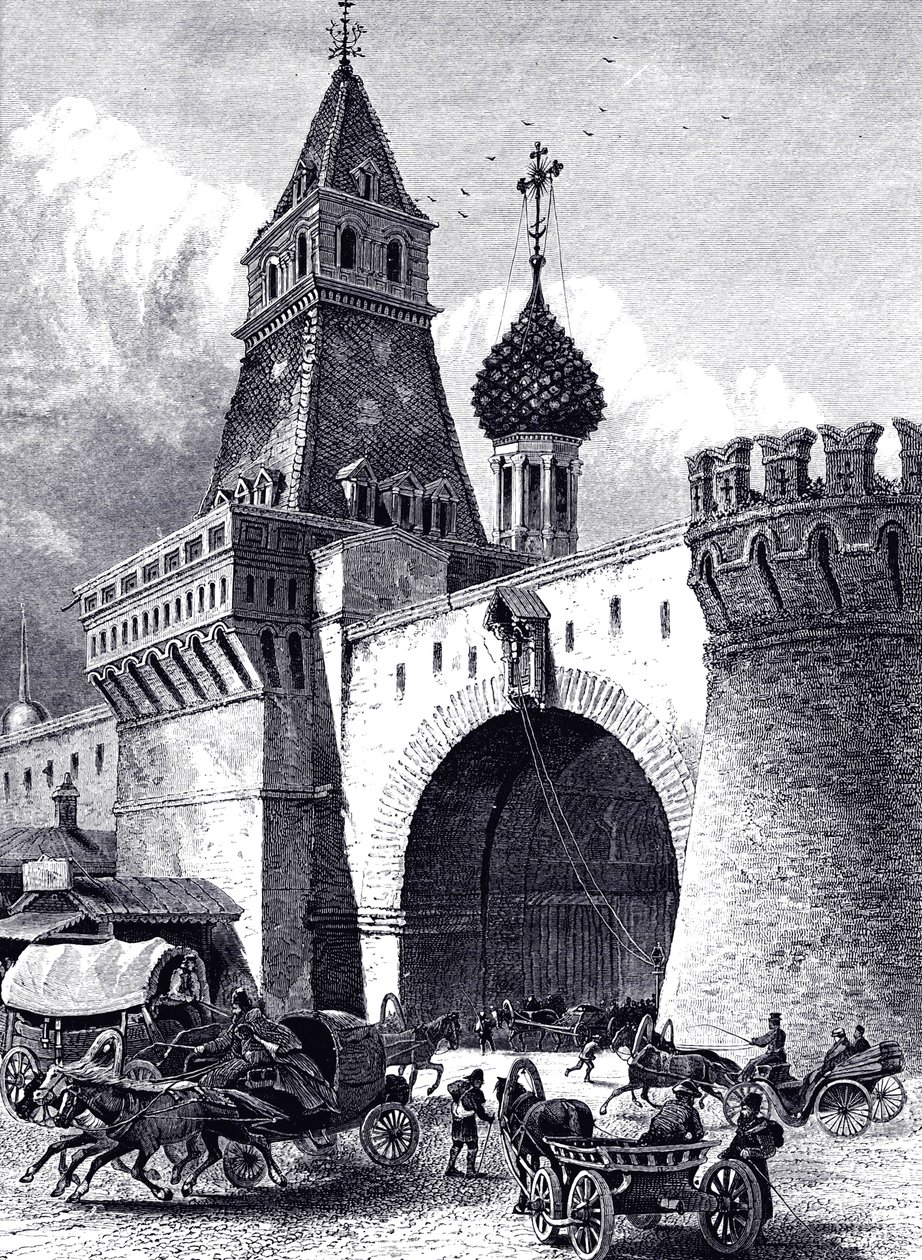 Utsikt over Nikolskaya Tower og Armory i Moskva, ca 1860 av Unbekannt