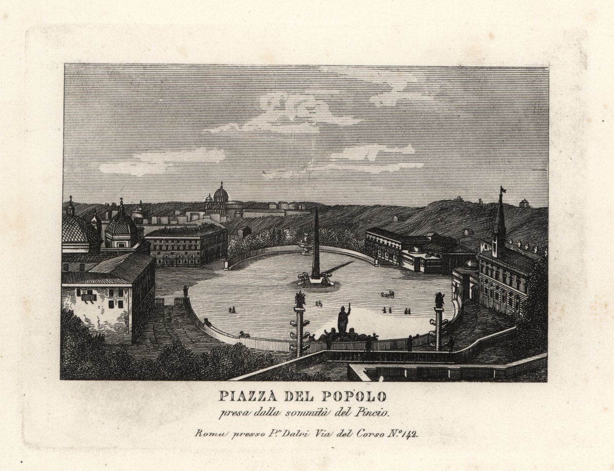 Utsikt over Piazza del Popolo, Place du Peuple, med en egyptisk obelisk av Rameses II fra Heliopolis, fra toppen av Pincian Hill, Roma av Unbekannt