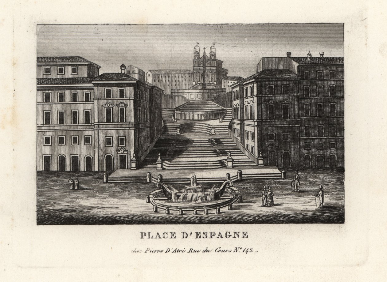 Utsikt over Piazza di Spagna, Fontana della Barcaccia, Båtfontenen og Scalinata di Trinita dei Monti, Spansketrappen, Roma av Unbekannt