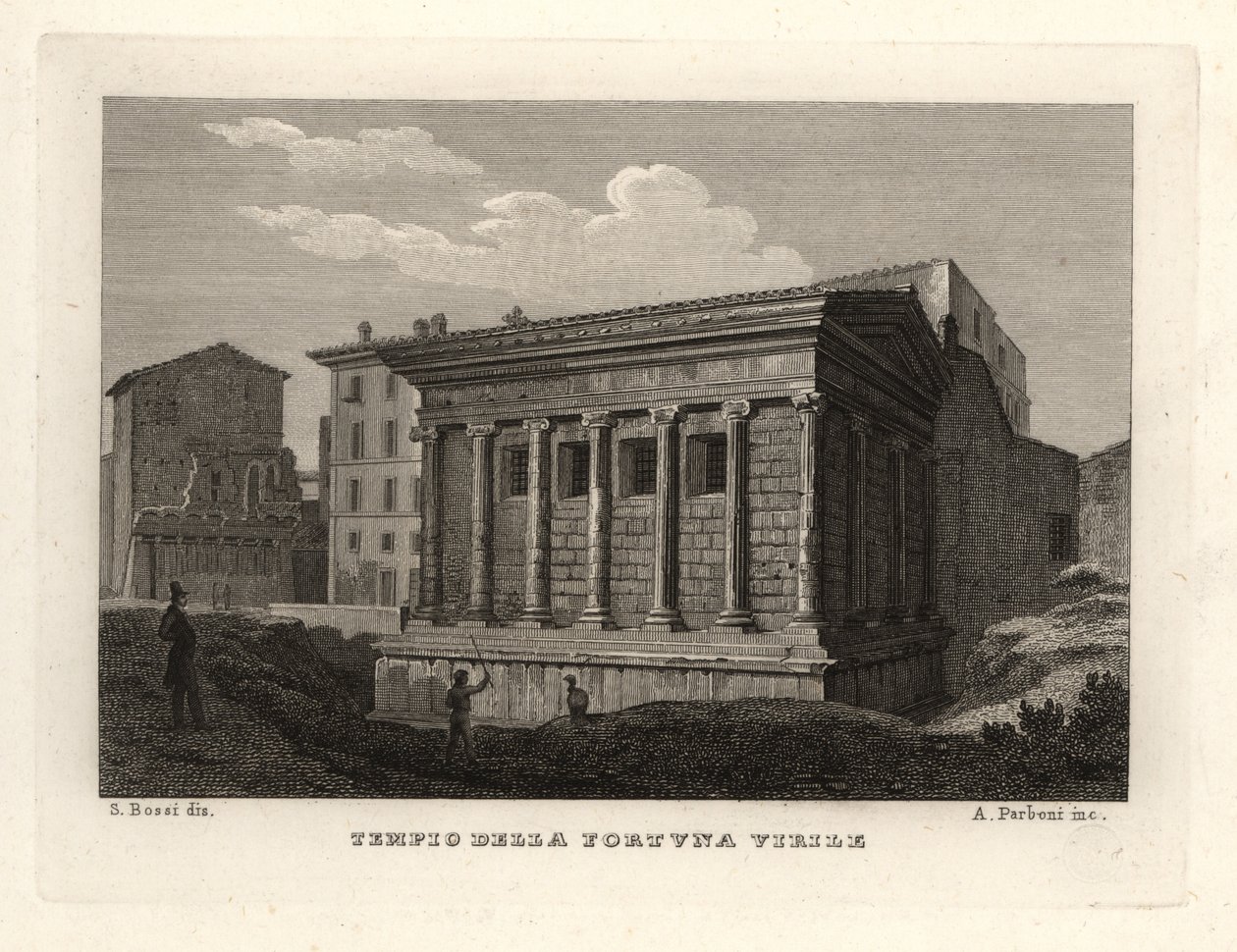 Utsikt over Temple of Portunus, Tempio di Portuno eller Tempio della Fortuna Virile av Unbekannt