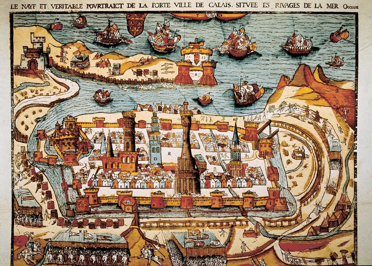 Utsikt over byen Calais i 1538. Xylografi. av Unbekannt