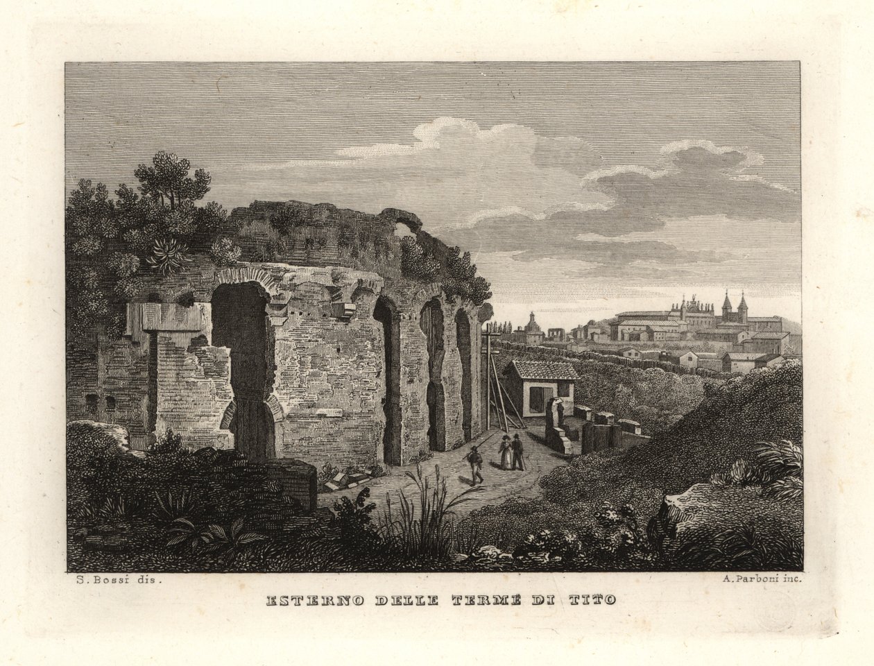 Utsikt over utsiden av Titus-badene, Thermae Titi, Terme di Tito av Unbekannt