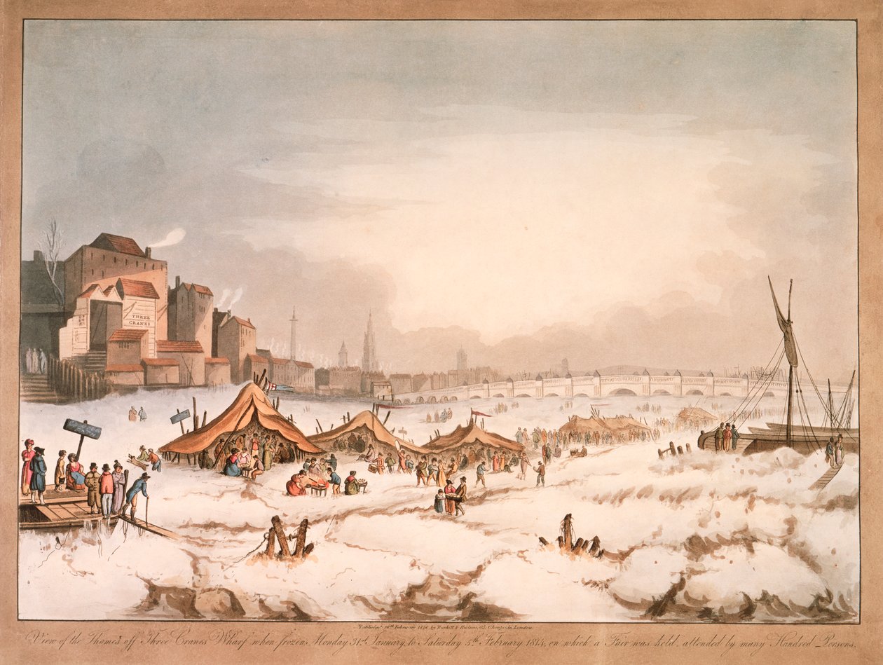 Utsikt over den frosne Themsen utenfor Three Cranes Wharf, London, 1814 av Unbekannt