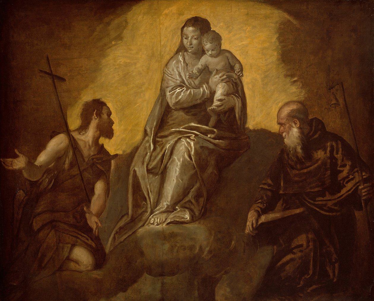 Jomfru og barn med de hellige døperen Johannes og Anthony Abbed, 15751625. av Unbekannt