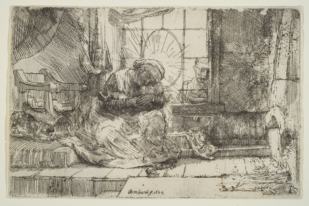 Jomfru og barn med katten: og Josef ved vinduet, 1654. av Unbekannt