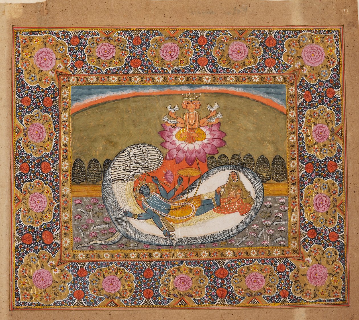 Vishnu og Lakshmi på slangen Shesha, med Brahma på lotusen, muligens sent på 1800-tallet av Unbekannt