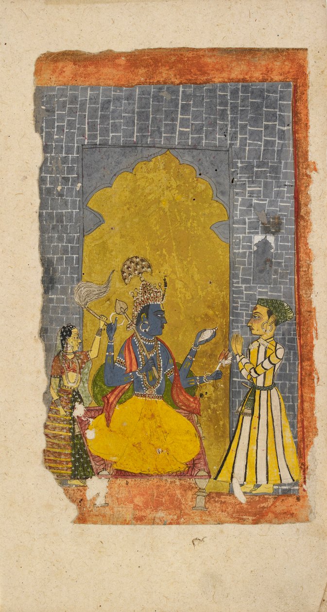 Vishnu tronet med en fyrstelig hengiven foran ham, c1700-1725 av Unbekannt