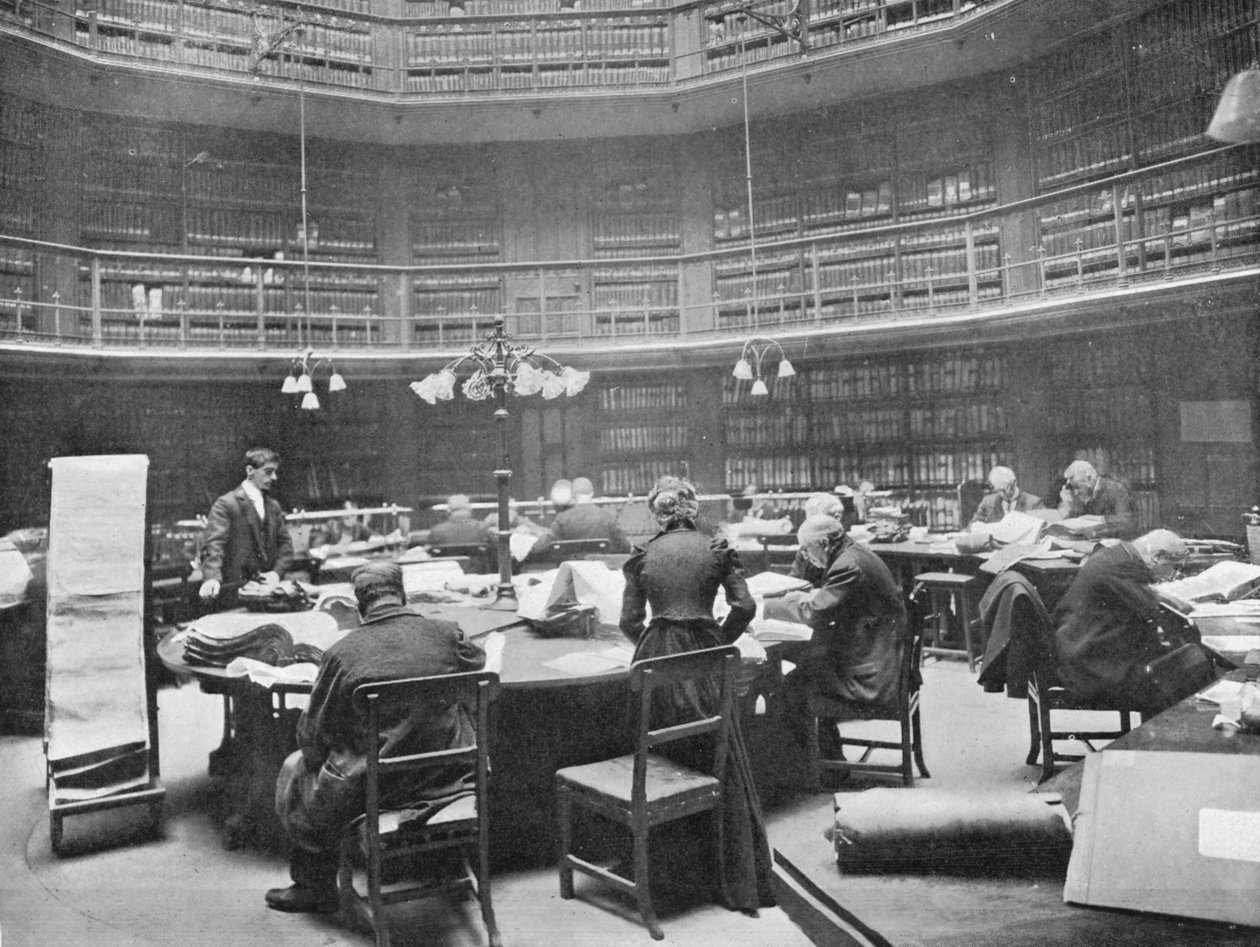 Besøkende søker gjennom bind på Public Record Office, Chancery Lane, London, 1903 av Unbekannt