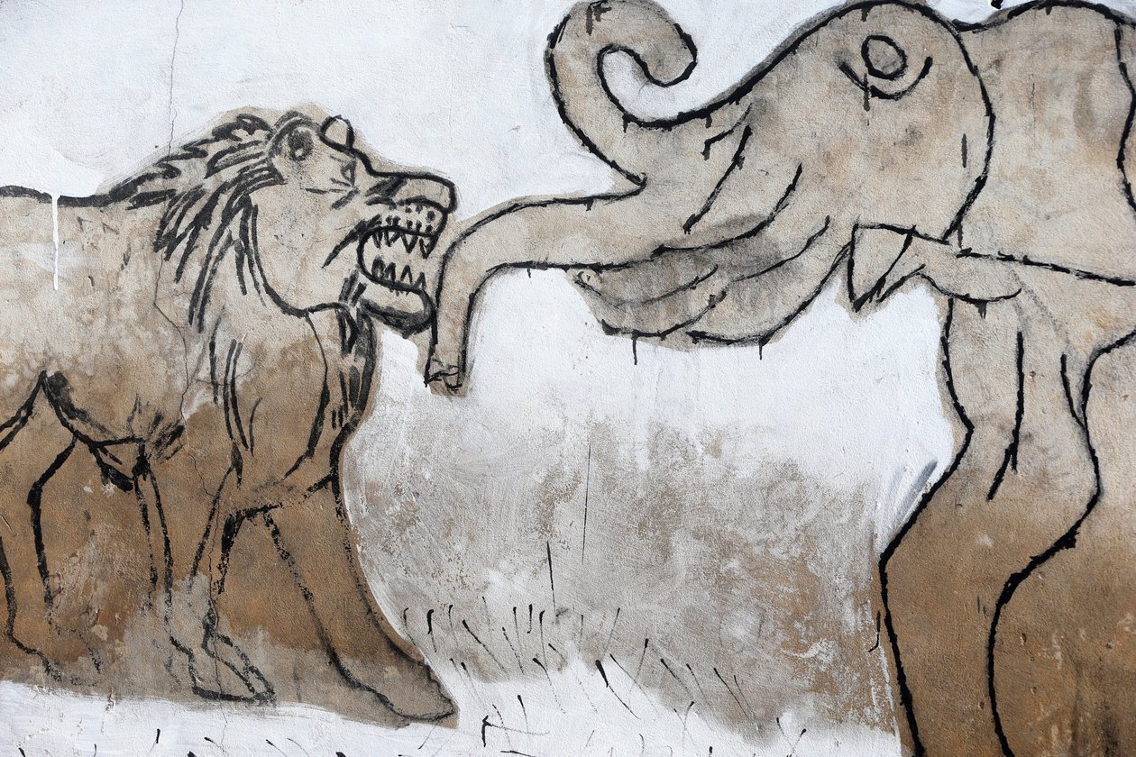 Voodoo veggmaleri på Akodessewa Fetish Market, kjent som verdens største voodoo-marked. Elefant og løve. Lomé, Togo av Unbekannt