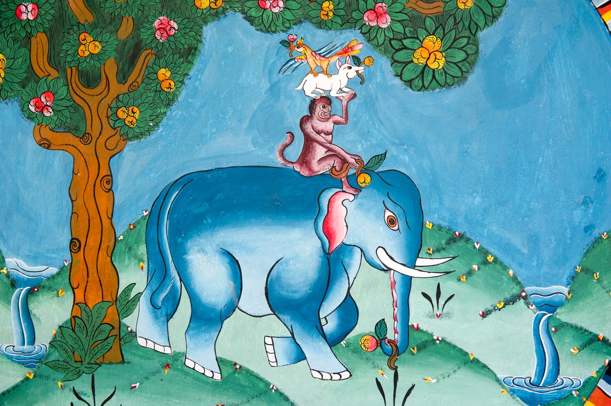 Vegg som viser legenden om de fire vennene; elefant; ape; kanin og hane; Kharbadi Gompa; Phuentsholing; Kongeriket Bhutan av Unbekannt