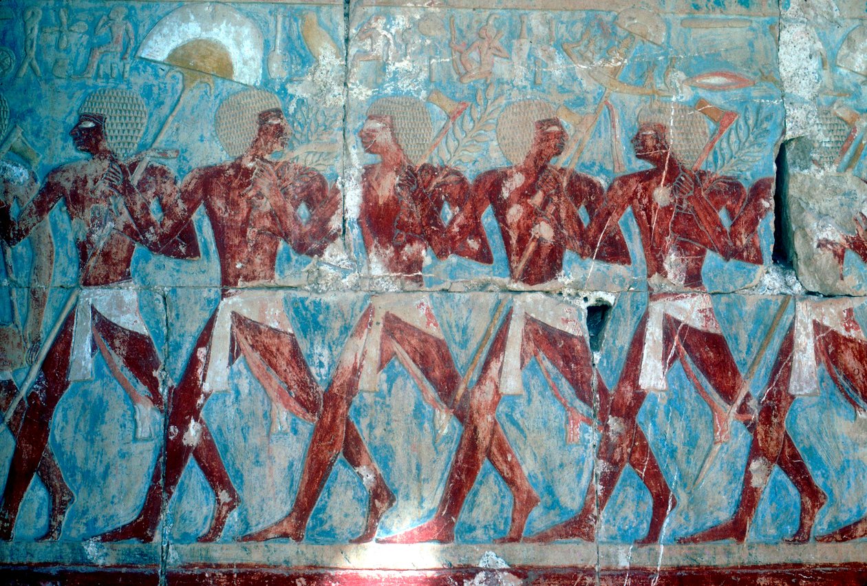 Veggmaleri: vender tilbake fra ekspedisjonen, tempelet til dronning Hatshepsut, Luxor, Egypt, c1470 f.Kr. av Unbekannt
