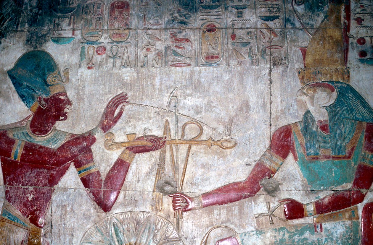 Veggmaleri detalj av Sethos I før Horus, Temple of Sethos I, Abydos, Egypt, c1280 f.Kr. av Unbekannt