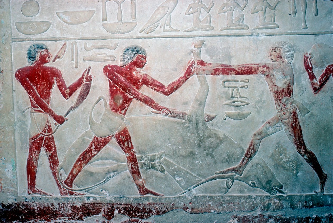 Veggmaleri av 3 slaktere som skjærer opp en skrott, Tomb of Idut, 5th Dynasty, c2350 BC av Unbekannt