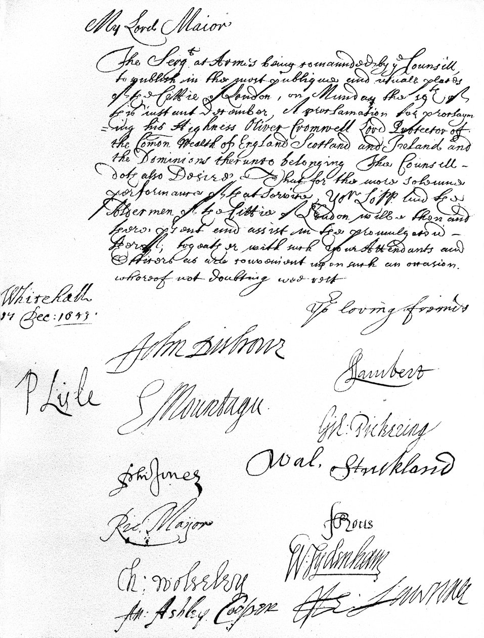 Ordre fra Council of State til Lord Mayor of London, som ønsker at han og Aldermen skal delta på proklamasjonen av Oliver Cromwell som Lord Protector of the Commonwealth of England, Scotland, Ireland & the Dominions 19. desember av Unbekannt