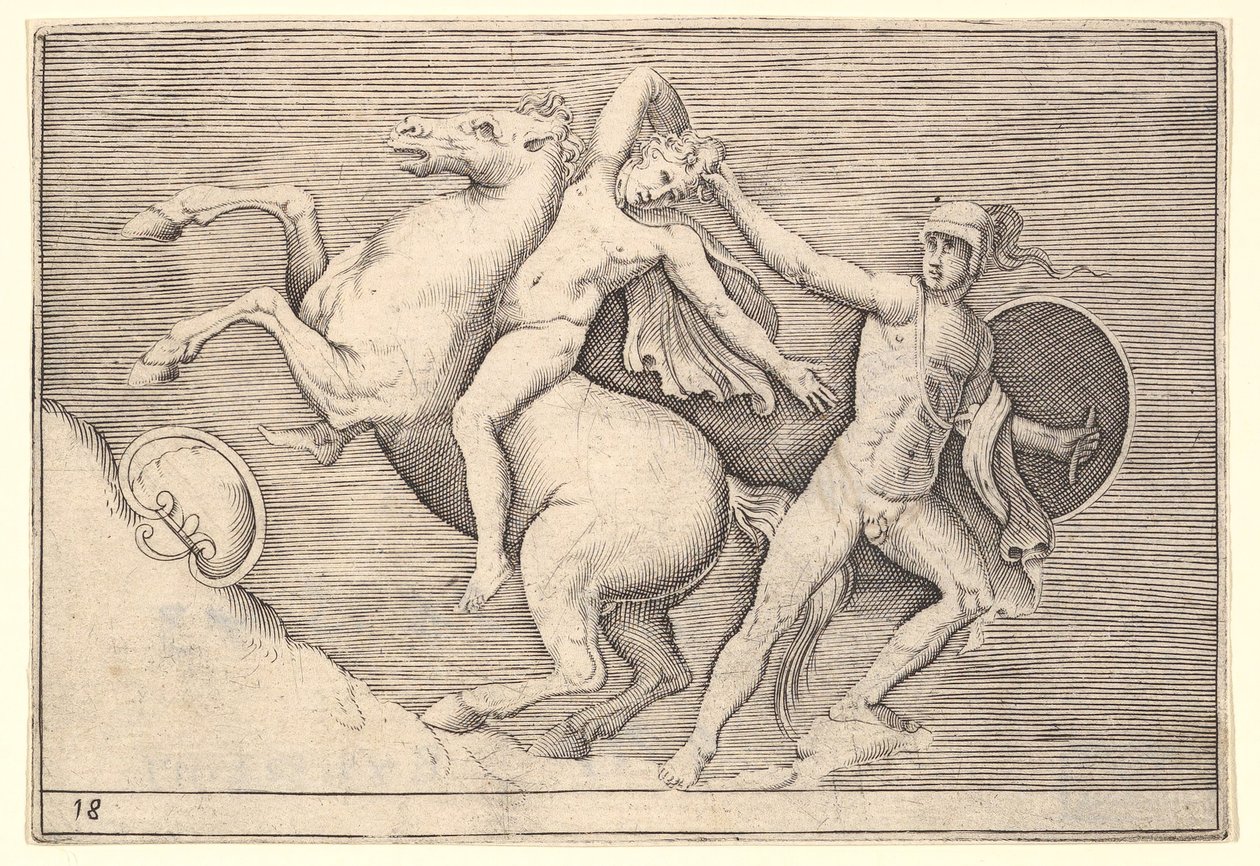 Warrior Pulling a Rider from His Horse, fra Ex Antiquis Camus et Ge..., publisert ca. 1599-1622. av Unbekannt
