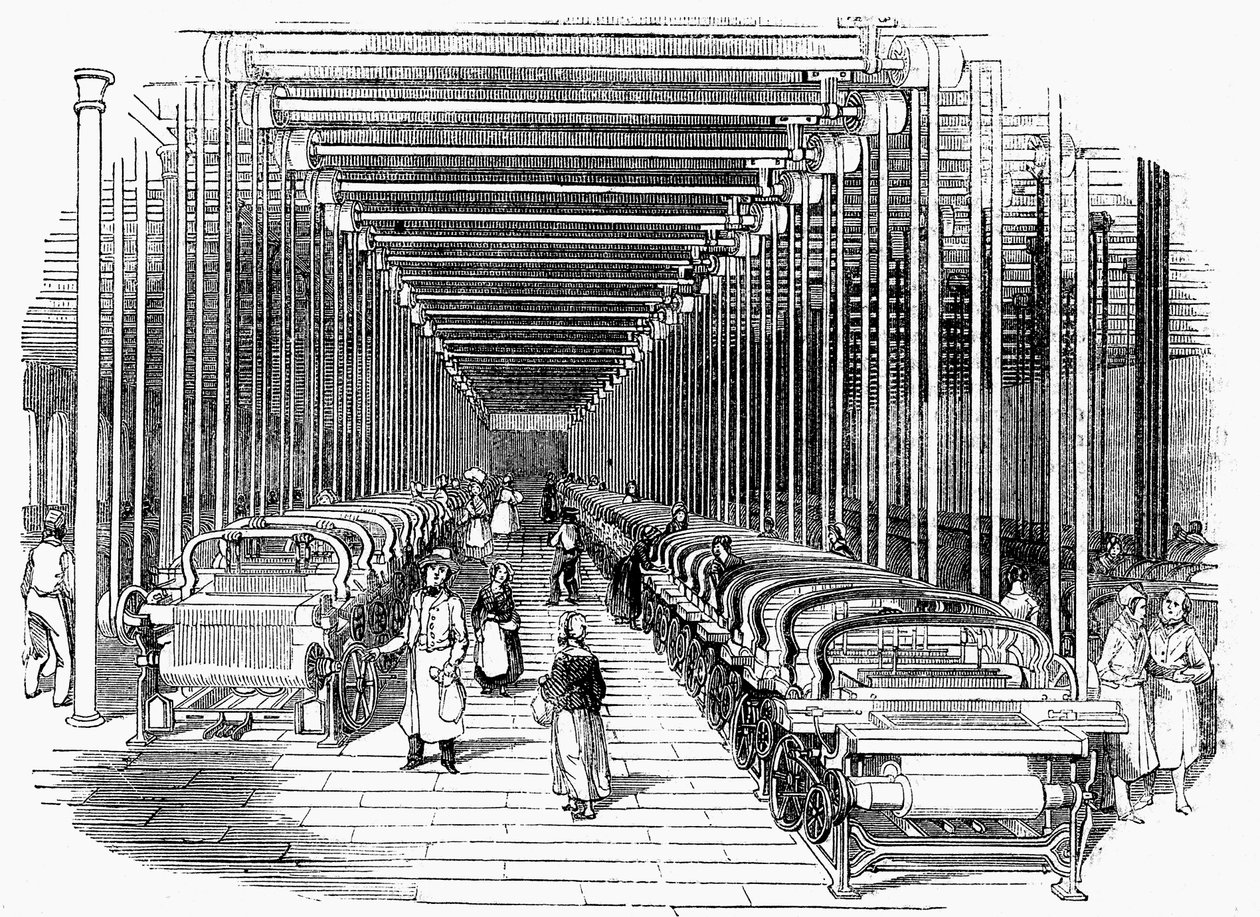 Vevskur utstyrt med rader med kraftvev drevet av belte og skaft, c1840 av Unbekannt