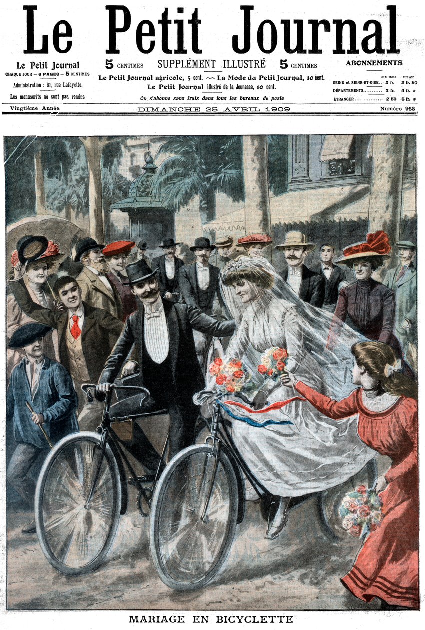 Bryllupsfest på sykler ledet av bruden og brudgommen, Nice, Frankrike, 1909 av Unbekannt