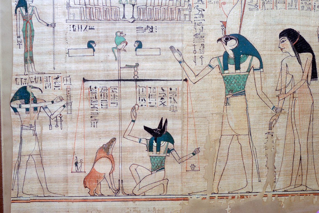 Veiing av den avdødes hjerte mot sannhetens fjær fra den egyptiske boken om dea av Unbekannt