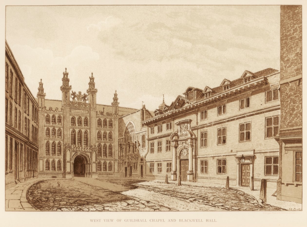 Vestutsikt over Guildhall Chapel og Blackwell Hall, City of London, 1886 av Unbekannt