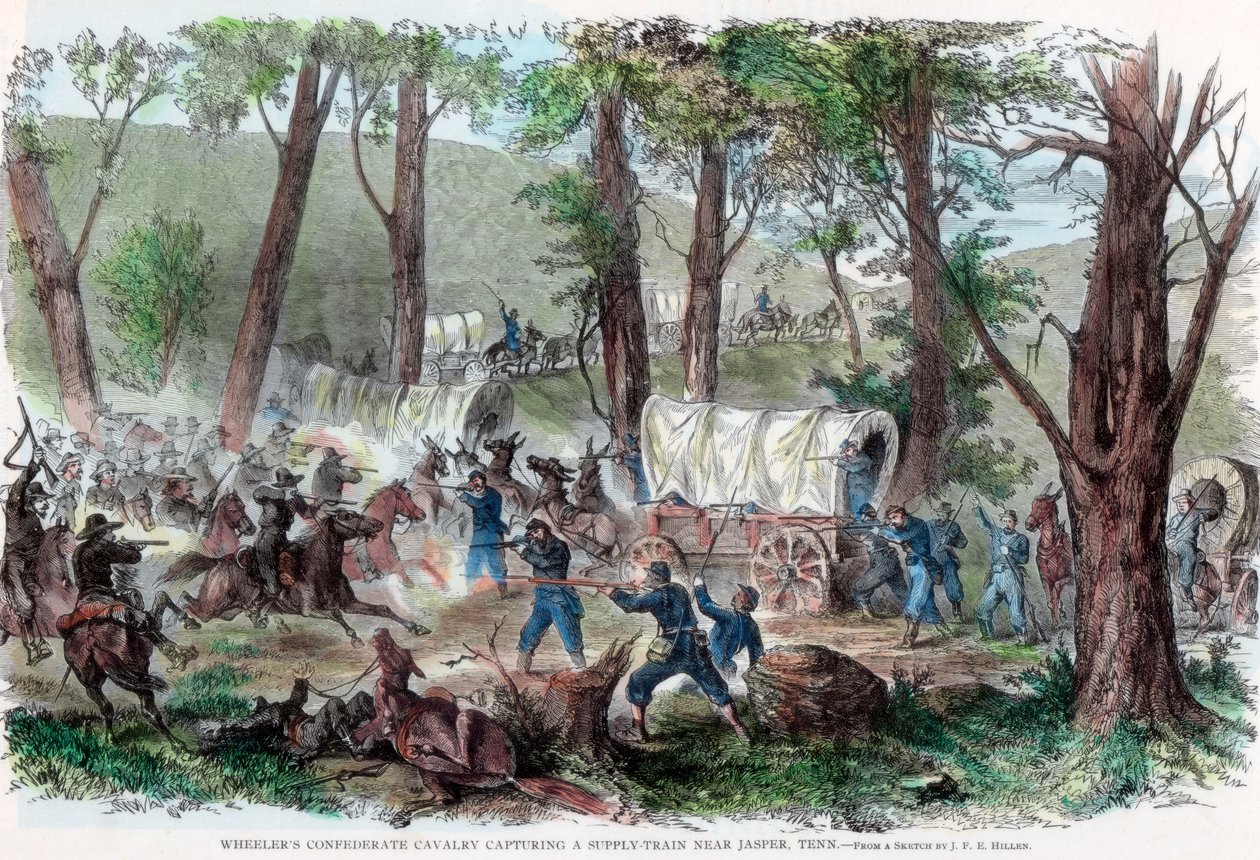 Wheelers konfødererte kavaleri fanger et forsyningstog nær Jasper, Tennessee, c1863 av Unbekannt
