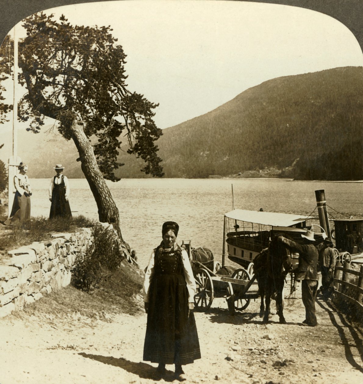 Når sjødamperen anløper Tinoset brygge - utsikt over Tinsjo til åsene, Norge, c1905. av Unbekannt