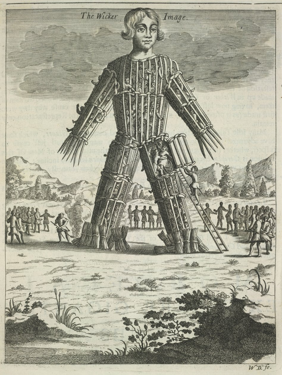Wicker mann fra Britannia Antiqua Illustrata av Aylett Sammes, 1676 av Unbekannt