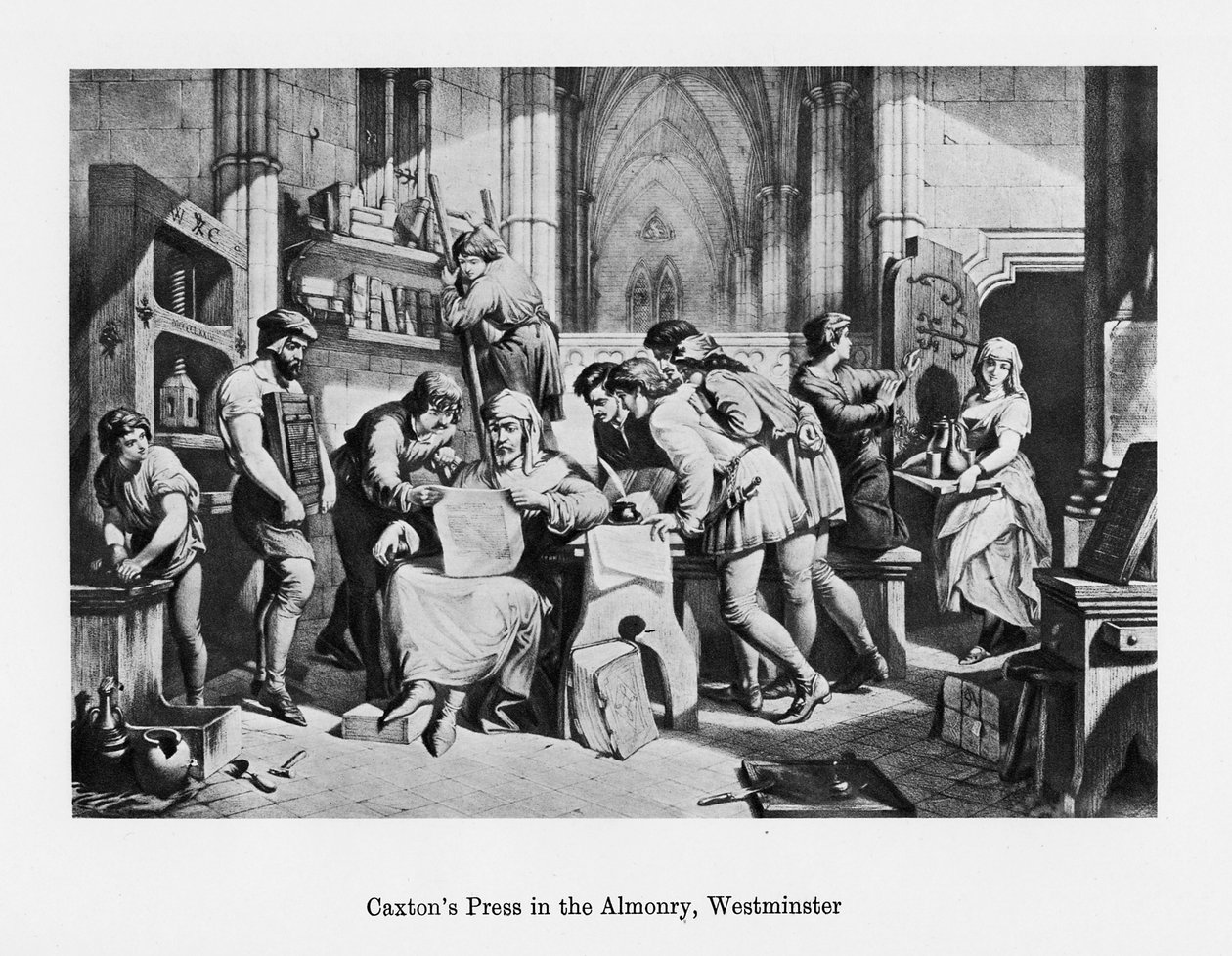 William Caxtons presse i Almonry, Westminster, 1400-tallet, 1800-tallet av Unbekannt