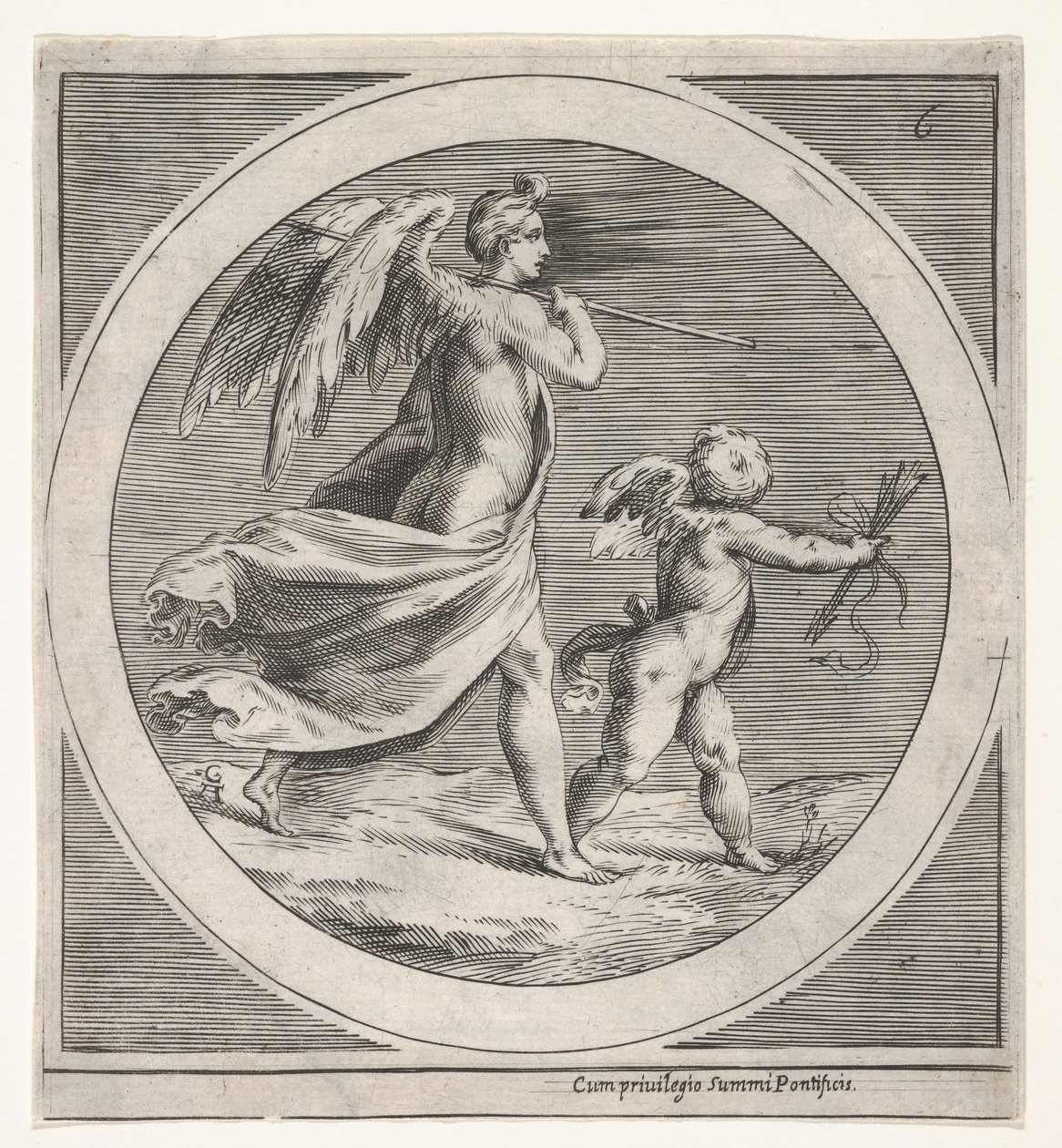 Bevinget kvinneskikkelse, drapert og bærende en stav, skridende bak en bevinget putto..., ca. 1550-1600. av Unbekannt
