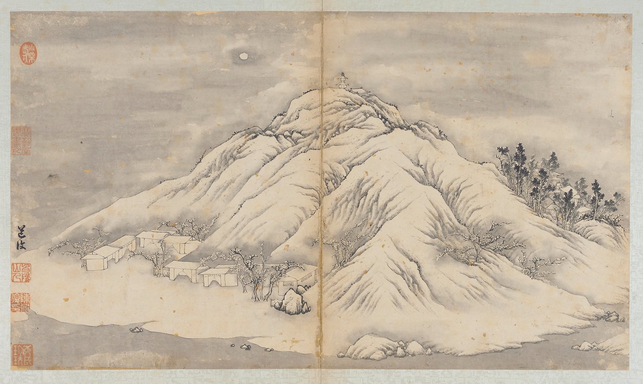 Vinterlandskap: en månebelyst ås og bygninger, Qing-dynastiet, 1700-tallet. av Unbekannt