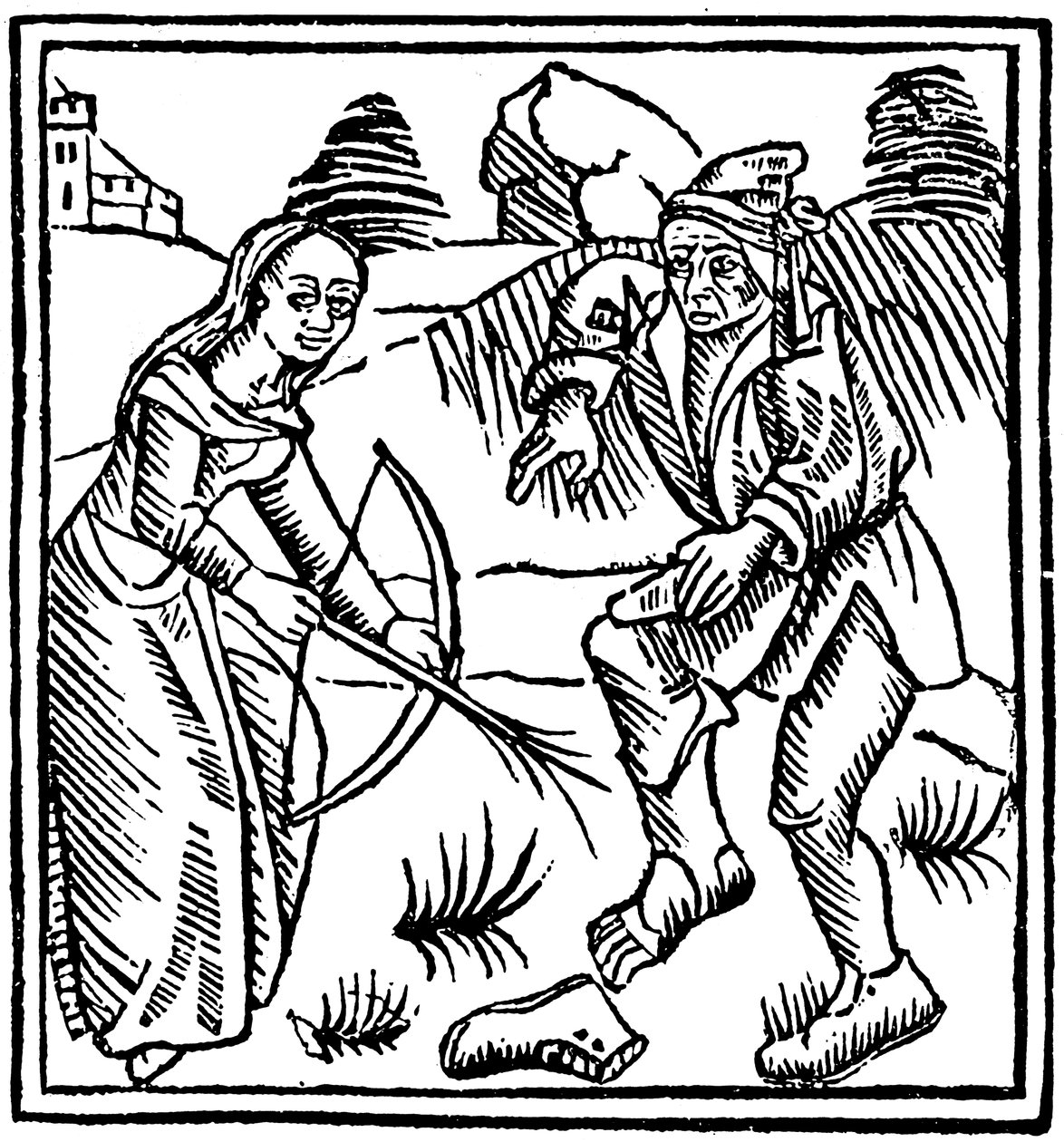 Heks som skyter en mann i foten med en fortryllet pil laget av en hasselstav, 1489 av Unbekannt