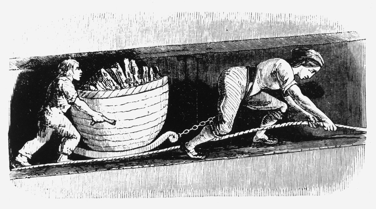 Kvinne og gutt tegner en korve som inneholder 3-4 cwt kull, Bolton, Lancashire, 1848 av Unbekannt