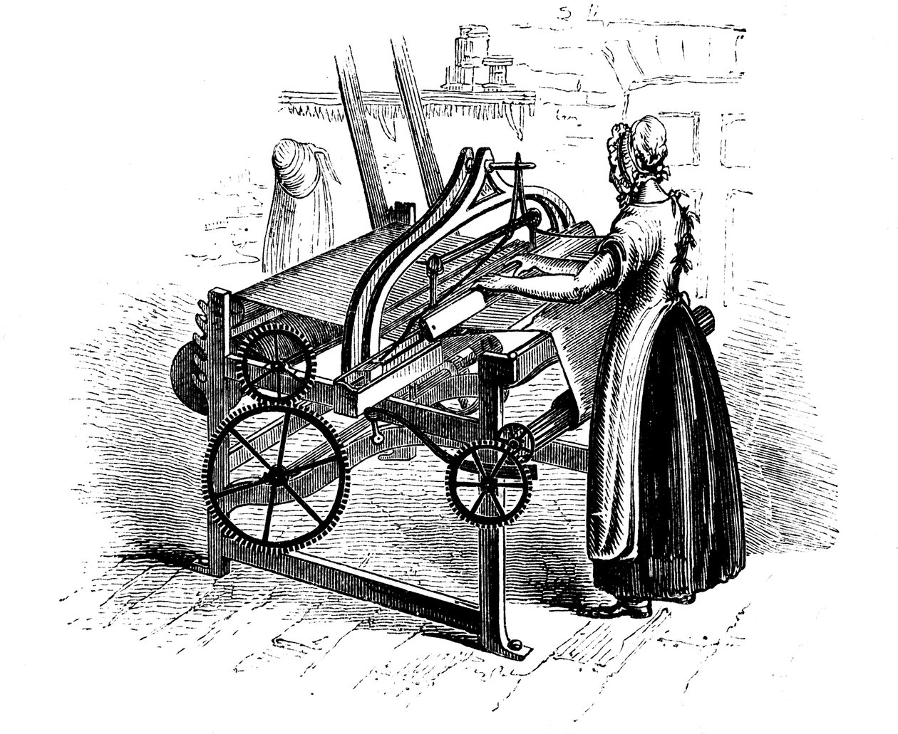 Kvinne som driver en kraftvevstol for veving av bomull, c1840 av Unbekannt