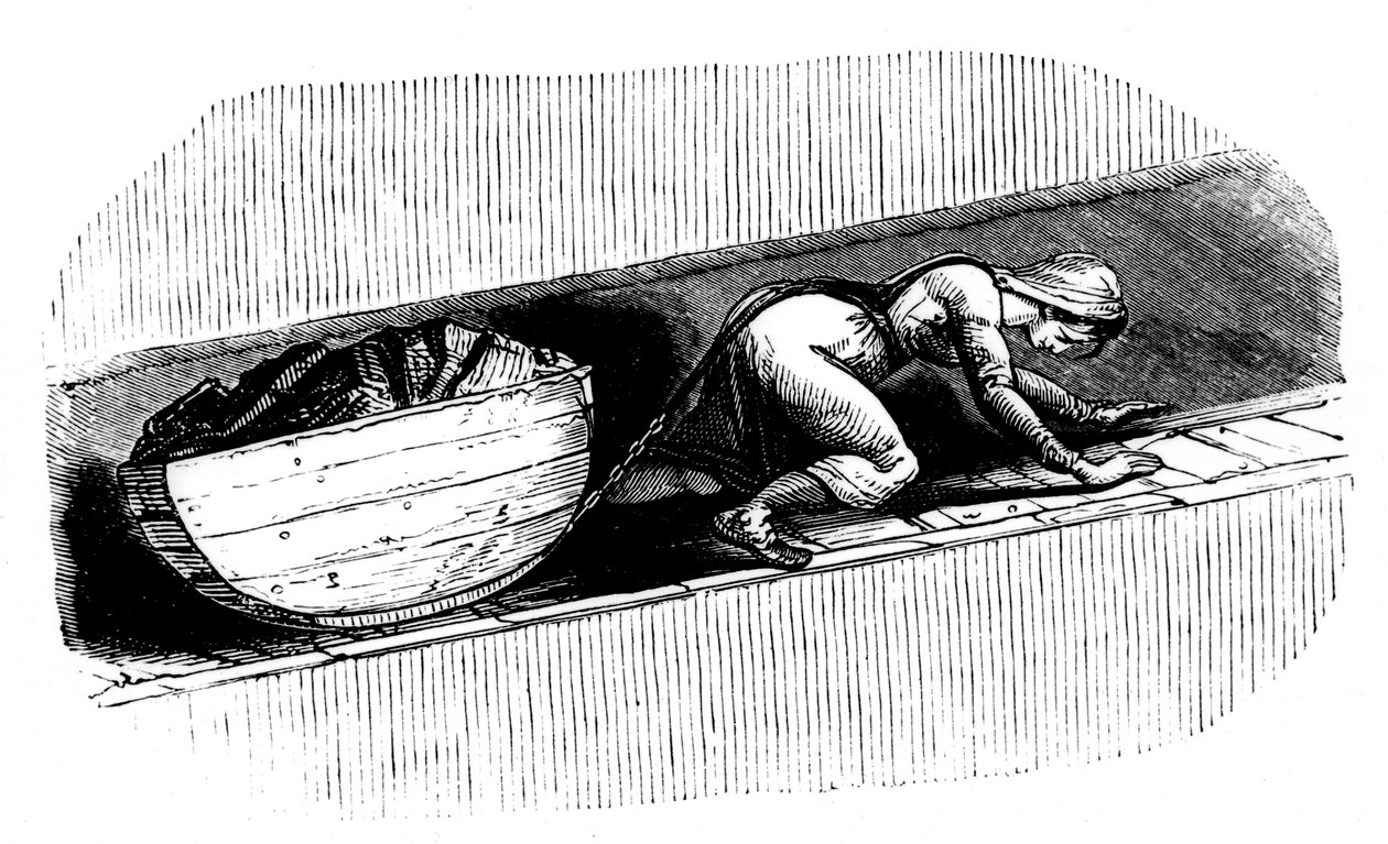 Kvinneputter som drar en slede med kull langs en smal søm, Sør-Wales, c1848 av Unbekannt