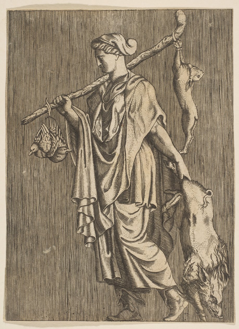 Kvinne som kommer tilbake fra jakt med en villsvin i venstre hånd og en kjepp på r..., ca. 1515-1600. av Unbekannt