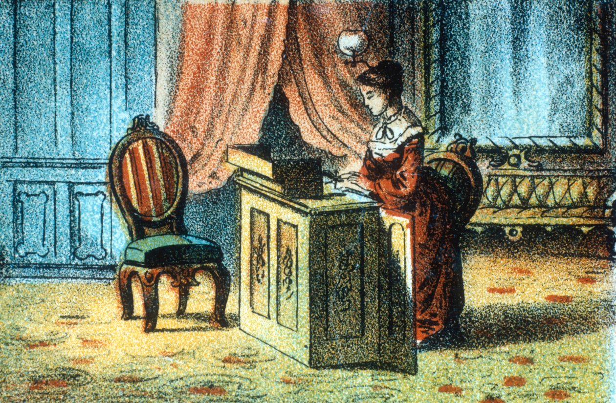 Kvinne som bruker symaskin patentert av Elias Howe [c1878] av Unbekannt